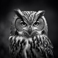 Wild owl in the forest. Black and white style, wildlife element. . photo