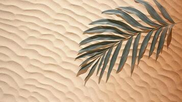 Plam leaf on the tropical beach sand. Vacation and relaxation concept with dry palm leaf on the hot summer beach. . photo