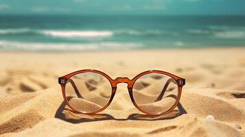 Glasses in the sand of the beach. Vacation scene with sunglass on the shore line. . photo
