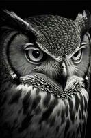 Wild owl in the forest. Black and white style, wildlife element. Generated AI. photo