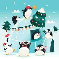 Cartoon Cute Penguins Christmas Decorating Igloo vector