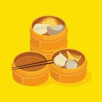 Cartoon Chinese Dumplings In Bamboo Basket Set vector