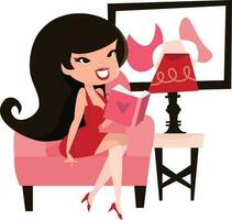 Cartoon Retro Pinup Girl Reading Book Living Room vector