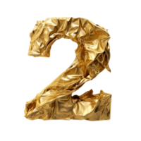 Crumpled gold foil number 2 isolated. Illustration AI Generative png