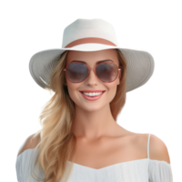 Beautiful girl with sunglasses and summer hat smiling isolated. Illustration AI Generative png