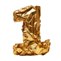 Crumpled gold foil number 1 isolated. Illustration AI Generative png