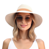 Beautiful girl with sunglasses and summer hat smiling isolated. Illustration AI Generative png