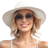 hermosa niña con Gafas de sol y verano sombrero sonriente aislado. ilustración ai generativo png