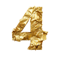 Crumpled gold foil number 4 isolated. Illustration AI Generative png