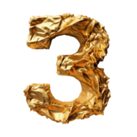 Crumpled gold foil number 3 isolated. Illustration AI Generative png