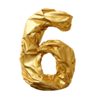 Crumpled gold foil number 6 isolated. Illustration AI Generative png