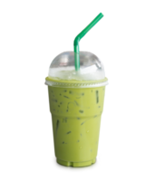 Iced matcha green tea with condensed milk in transparent plastic glass isolated with clipping path and shadow in png file format