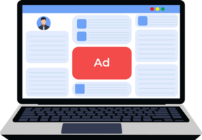 online Anzeigen zeigen auf Websites Konzept. Anzeige aufpoppen Design im Websites oder Anwendungen auf ein Laptop. online Geschäft Werbung. png