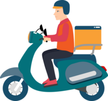 un entrega hombre montando un bicicleta. entrega hombre con un scooter diseño. en línea orden entrega concepto. plano personaje ilustración. png