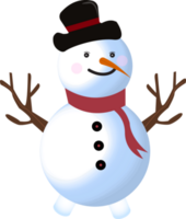 Cute snowman design. Christmas design with a happy snowman. A winter snowman with a muffler and tree branch. png