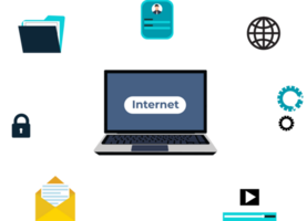 Internet Bedienung und Netzwerk Verbindung. online Datei teilen, Postversand, kommunizieren, und Aufpassen Videos. png