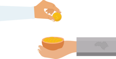 Man giving charity to a beggar. Man donating money concept. Beggar hand with a bowl of golden coins png