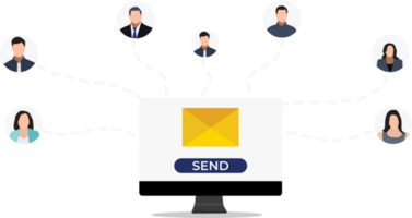 kontor e-post kommunikation systemet. sändning ett e-post till vänner begrepp. företag kommunikation med en bärbar dator. png