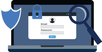 computer bescherming en veiligheid element. laptop virus scannen en informatie veiligheid illustratie. vergroten glas zoeken. png