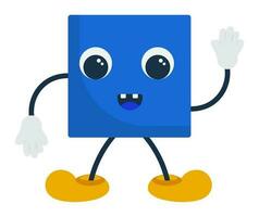 Funny Blue Square Cartoon Standing In Hand Up And Down Pose. vector