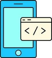 Coding Website Window With Smartphone Icon In Blue And Yellow Color. vector