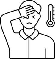 Black Line Art Of Man Touching Forehead from Check Temperature And Thermometer Icon. vector