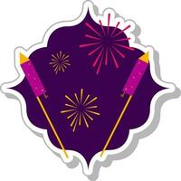 Isolated Sticker Of Two Rocket Firecracker With Fireworks Purple Background. vector