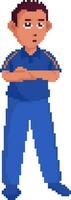 Pixel Art Portrait Of Cartoon Cricket Player Standing On White Background. vector