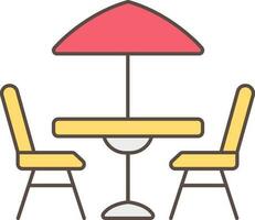 Isolated Table Chair With Umbrella Icon In Red And Yellow Color. vector