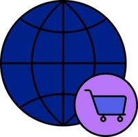 Globe With Shopping Cart Icon In Blue And Purple Color. vector