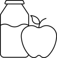 Milk Bottle With Apple Icon In Black Line Art. vector