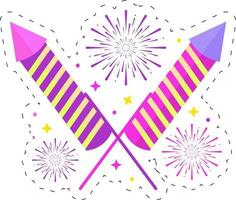 Sticker Style Pink And Yellow Cross Firecracker Rocket With Firework Blast Background. vector