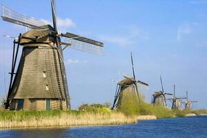 Netherlands colorful country of windmills and tulips flowers photo