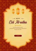 Greeting poster for Eid Al Adha with orange color and Islamic background vector