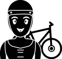 Cheerful Girl With Bicycle Icon In Black and White Color. vector