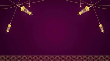 gemakkelijk Purper Islamitisch sier- ontwerp met gouden hangende lantaarn en sterren decoratie achtergrond video