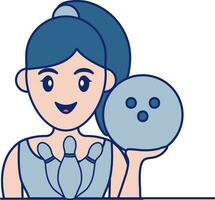 Young Girl Holding Ball And Bowling Pin Icon In Blue And Peach Color. vector