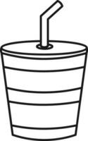 Disposable Cup With Straw Icon In Black Line Art. vector