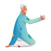 Side View Of Older Beggar Man Sitting On White Background. vector