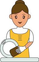 Young Woman Washing Plate Colorful Icon In Flat Style. vector