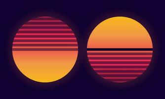 Vector illustration of two retro suns. Futuristic background with sunset. Trendy design for sci-fi, cyber abstract poster, print.