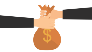 Giving a money bag to a businessman. Hands taking and giving money to one another. Sack of money with two human hands. png