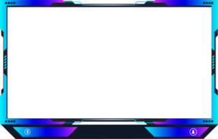 Live online gaming overlay and streaming icon design with buttons. Futuristic live streaming button png with digital abstract shapes. Broadcast screen overlay design with blue and purple colors.