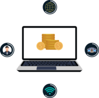 Finance and banking online service with a laptop. Bank business concept with internet icons and flat character design. png