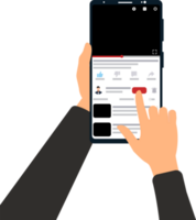 typen opmerkingen met een mobiel toetsenbord voor online kanalen. hand- Holding mobiel telefoon en aan het kijken online video. png
