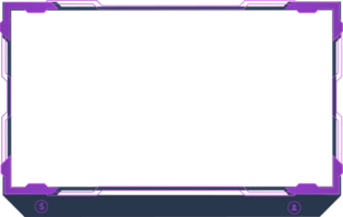 Futuristic gamer screen interface decoration with abstract shapes and purple colors. Modern live-streaming border frame design with subscribe buttons. Special gaming overlay frame png. png