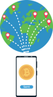 Sending Bitcoin to anywhere in the world with a smartphone. Bitcoin and money transaction method with a world map. png