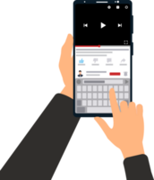 l'écriture commentaires pour un en ligne vidéo sur une téléphone intelligent. main en portant mobile téléphone et en train de regarder en ligne vidéo. png