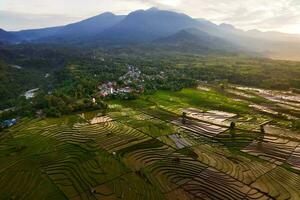 hermosa vista de la mañana indonesia panorama paisaje arrozales con color de belleza y luz natural del cielo foto