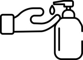 Hand With Pump Bottle Icon In Black Outline. vector